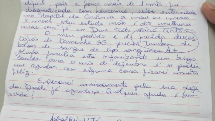 Menina de 4 anos com leucemia faz cartinha emocionante “Preciso de bolsas de sangue do tipo A+ para o Papai Noel”