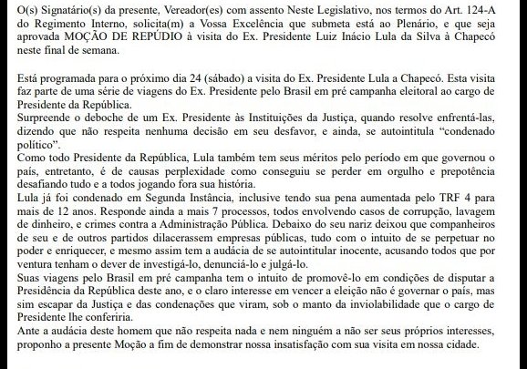 VEREADOR APRESENTOU MOÇÃO DE REPÚDIO CONTRA A VINDA DE LULA À CHAPECÓ