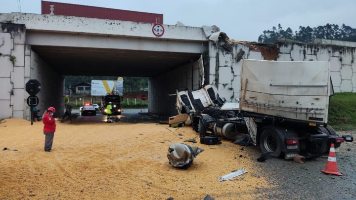 Carreta carregada de milho cai de viaduto na BR-101, veja o momento