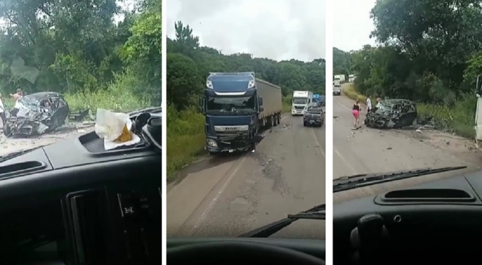 Duas pessoas morrem e três ficam feridas graves em colisão entre carretas e automóvel na BR-153