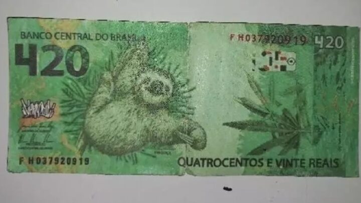 Nota de R$ 420 com imagem de bicho-preguiça e folhas de maconha é apreendida com suspeito