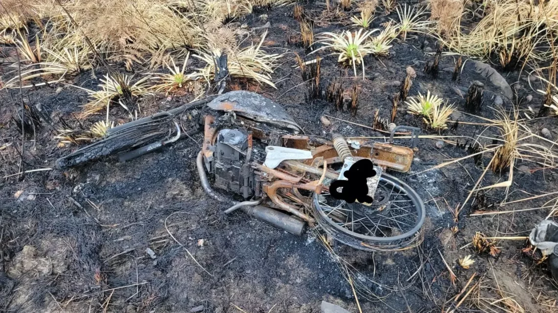 Moto furtada é encontrada carbonizada em meio ao mato na Serra