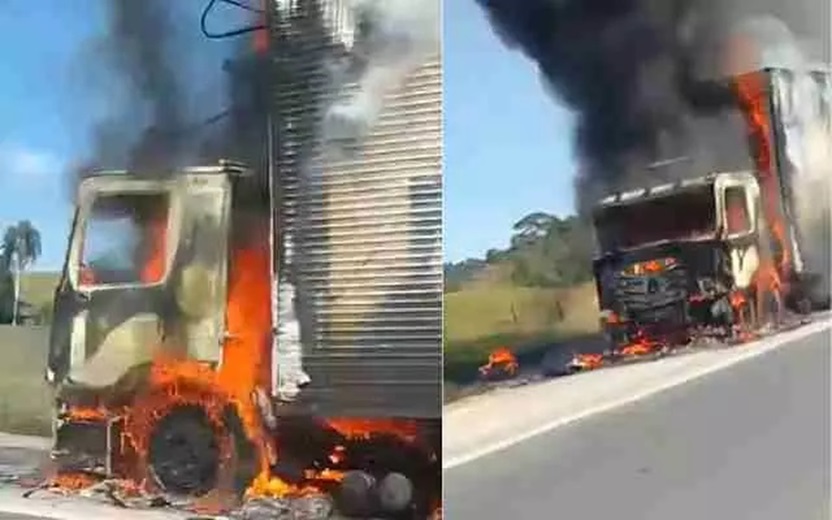 Caminhão baú é consumido pelo fogo na BR-101