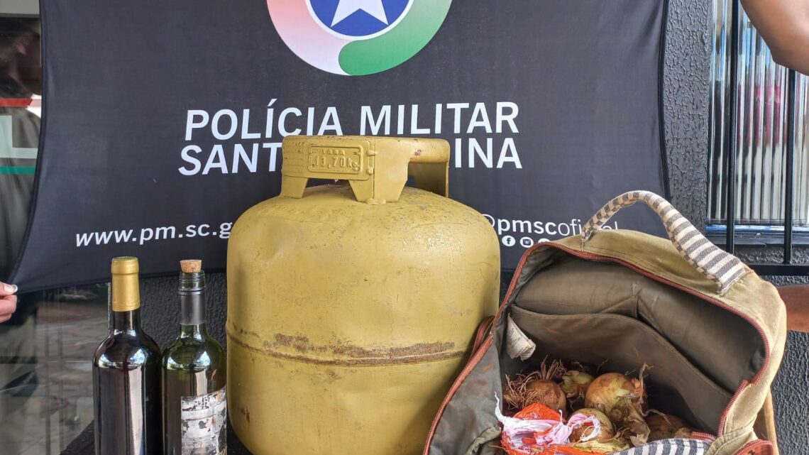 Polícia Militar prende dois homens por furto de botijão de gás, saco de cebolas, vinhos e facas em SLO