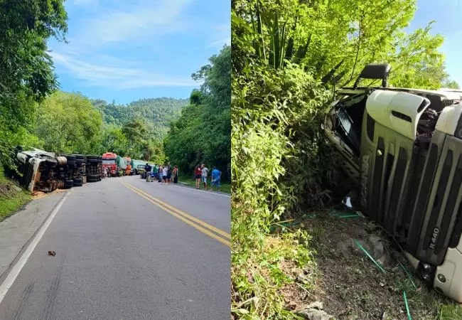 Carreta tomba na BR-470 em Ibirama e motorista fica gravemente ferido