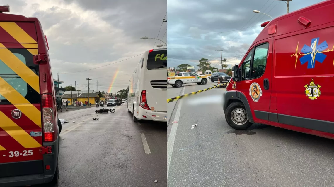 Motociclista bate em carro é prensado por ônibus e morre em SC